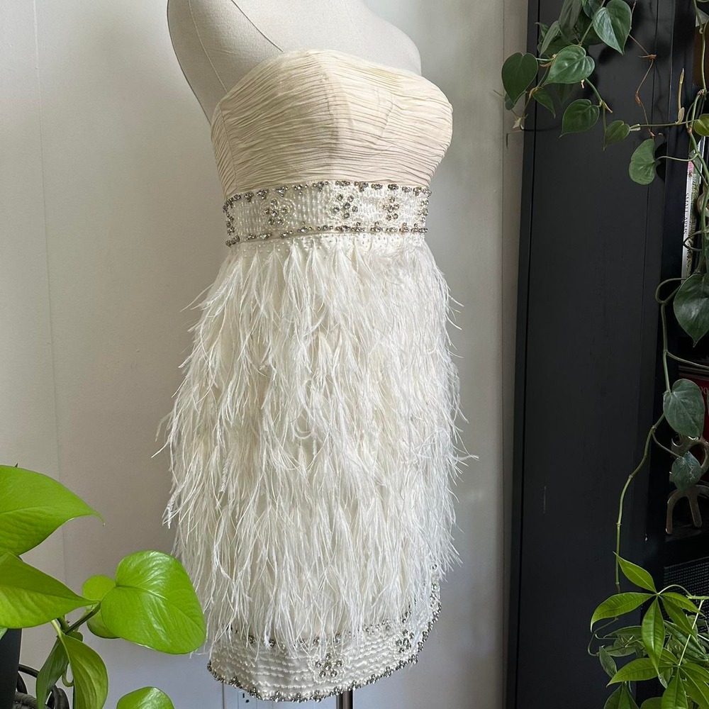 Sue Wong Nocturne White Cream Feather Beaded Strapless Mini Dress Size 8 NWT